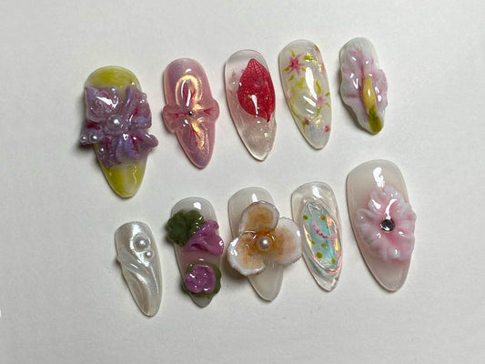 3D Dry Orchard Flower Press On Nail | Custom Handpainted Acrylic Spring Fake/False Nail | Floral Nails | Fairy Tale Fairycore Nails | J101