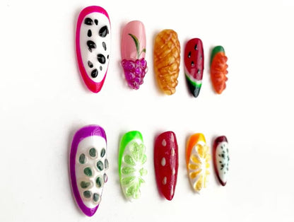Summer Fruit Press On Nails | Unique 3D Raised Gel Nail Art | Vibrant Fruit Nail Art Colorful Summer Vibe Nail Set | Cute Nails | J102 |
