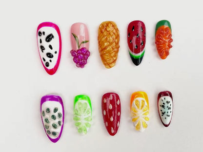 Summer Fruit Press On Nails | Unique 3D Raised Gel Nail Art | Vibrant Fruit Nail Art Colorful Summer Vibe Nail Set | Cute Nails | J102 |