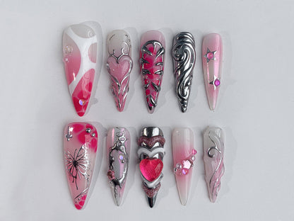 Y2K-inspired Press On Nails | 3D Pink Heart Chrome Cute Valentine Fake Nails | Acrylic Heart and Butterfly Nails Art | 3D GelxNail | J106