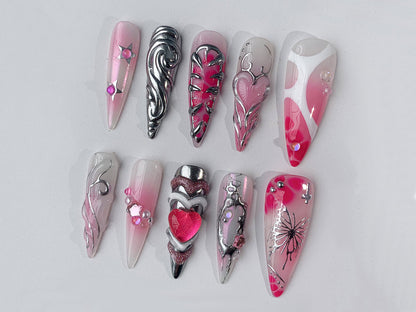 Y2K-inspired Press On Nails | 3D Pink Heart Chrome Cute Valentine Fake Nails | Acrylic Heart and Butterfly Nails Art | 3D GelxNail | J106