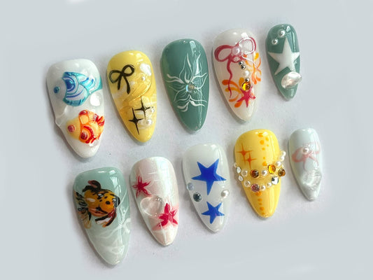 Colorful Ocean-inspired Press On Nails | Fish Art Press-Ons | Freestyle Handpainted Sea Summer Vibe | Y2K, Beach Nail Set | Fake Nails| J154
