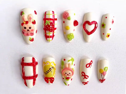 Cute Bunny Press On Nails | White Base with Red Patterns | 3D Gel Nails | Bunny and Strawberry Press On Nails | Gift For Her | J111