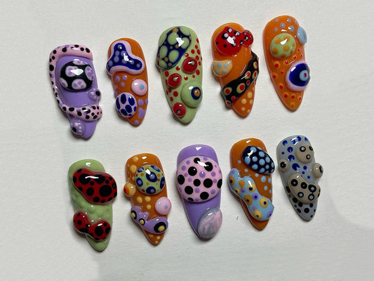 3D Custom Freestyle Press On Nails | Colorful Handpainted Fussily Algae Inspired in Fake Nails | Acrylic 3D Gel Nail | Abstract Nails | J113