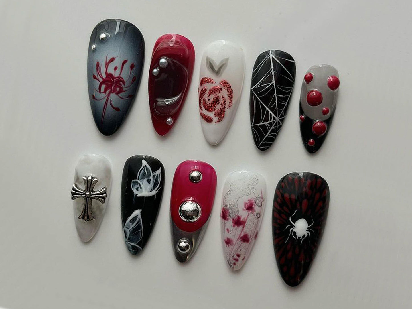 Mystery Gothic-inspired Press On Nails | Black and Red Color in Fake Nails | Flower, Spider Web, Butterfly Nail Art| Goth, Y2K, Gothic| J118