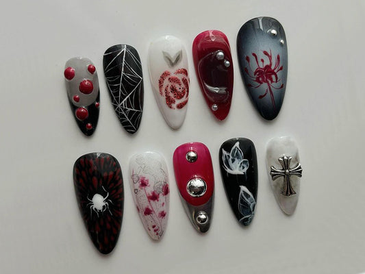 Mystery Gothic-inspired Press On Nails | Black and Red Color in Fake Nails | Flower, Spider Web, Butterfly Nail Art| Goth, Y2K, Gothic| J118
