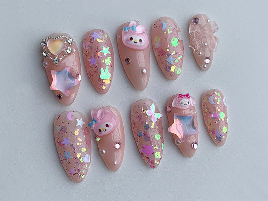 Sanrio Cartoon Press On Nails | Pink Melody and Cinnamoroll Designs Motif | Bunny Miffy Dreamy Sparkling Fake Nails| Jelly Cute Nails | J116