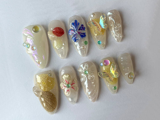 Dreamy Garden Flower Press On Nails | 3D Jelly Orchad,Blossom in Fake Nails | Floral Nails with Butterfly Press Ons | Fairycore Nails | J120