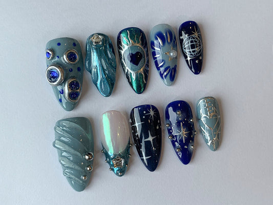 Acubi-Style Press On Nails | Deep Blue Ombre | 3D Freestyle Handpainted Nail Set | Sparkling Gemstone | Acrylic Nails | Fake Nails | J119