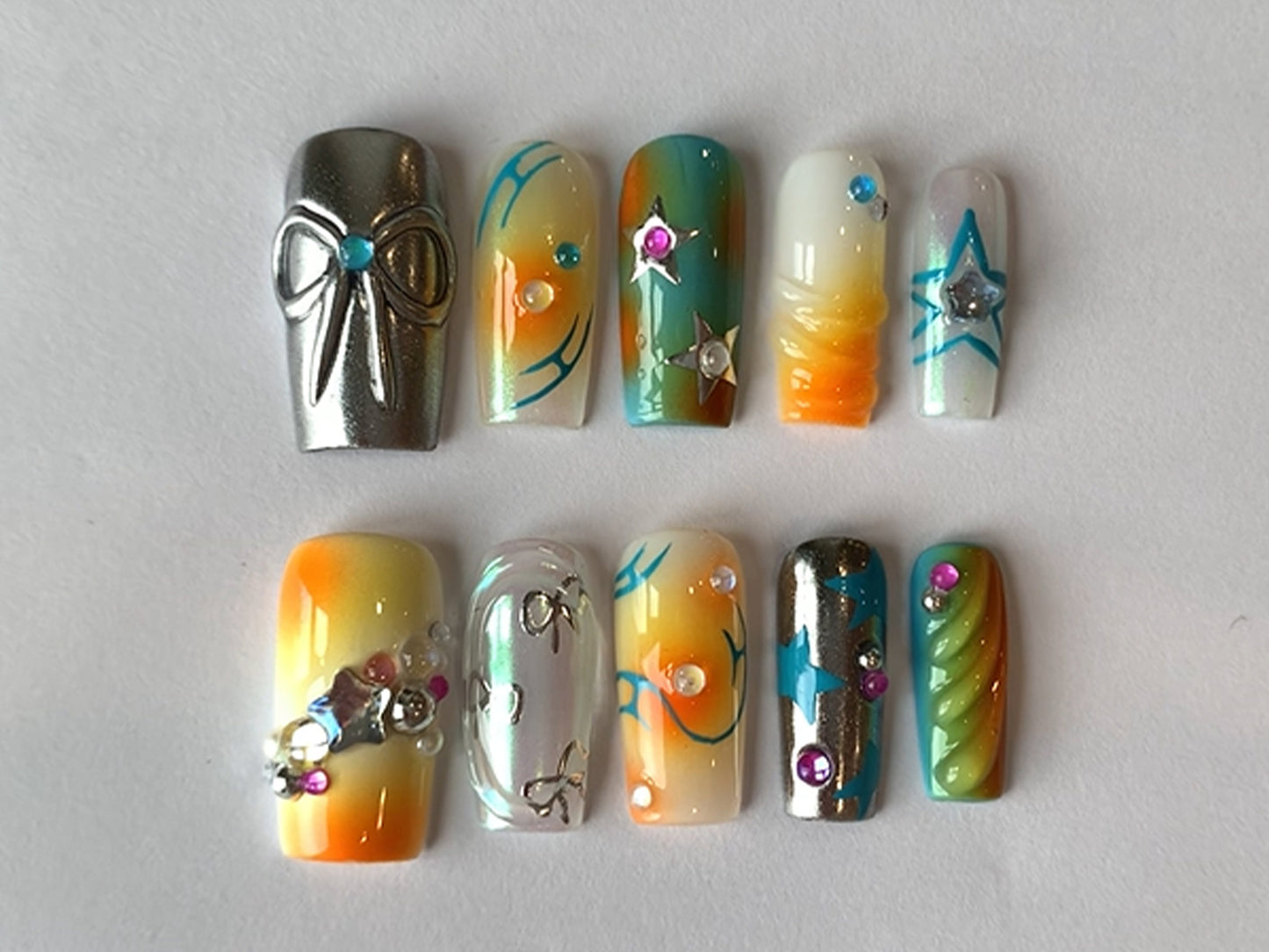 Elegant Orange Press On Nails | Y2k-Inspired Press On Nails| Orange and Green with Unique Chrome Designs | Gift For Her | J123