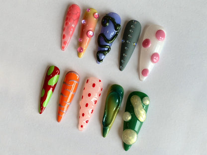 Colorful Nature Press On Nails | Free Style 3D Gel Almond Nails | Trendy Nail Set | Drop Gel Fake Nails | Express Your Style | J124