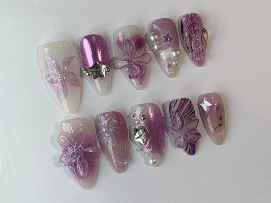3D Dry Orchard Flower Press On Nail | Custom Handpainted Acrylic Purple Spring Fake/False Nails | Floral Nails | Fairycore Nails | J128