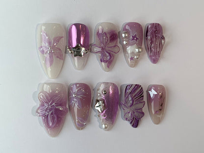 3D Dry Orchard Flower Press On Nail | Custom Handpainted Acrylic Purple Spring Fake/False Nails | Floral Nails | Fairycore Nails | J128