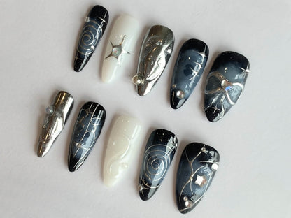 Y2k Nail Set with Sliver Motifs | Y2k-Inspired Press On Nails| Sliver and Blue with Unique Chrome Designs | J131