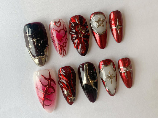 Freestyle Red Chrome Press On Nails| Y2K Air Brush Pink Fake Nails| Handpainted Custom Gold Metallic Almond Holiday, Valentine Nails | J129
