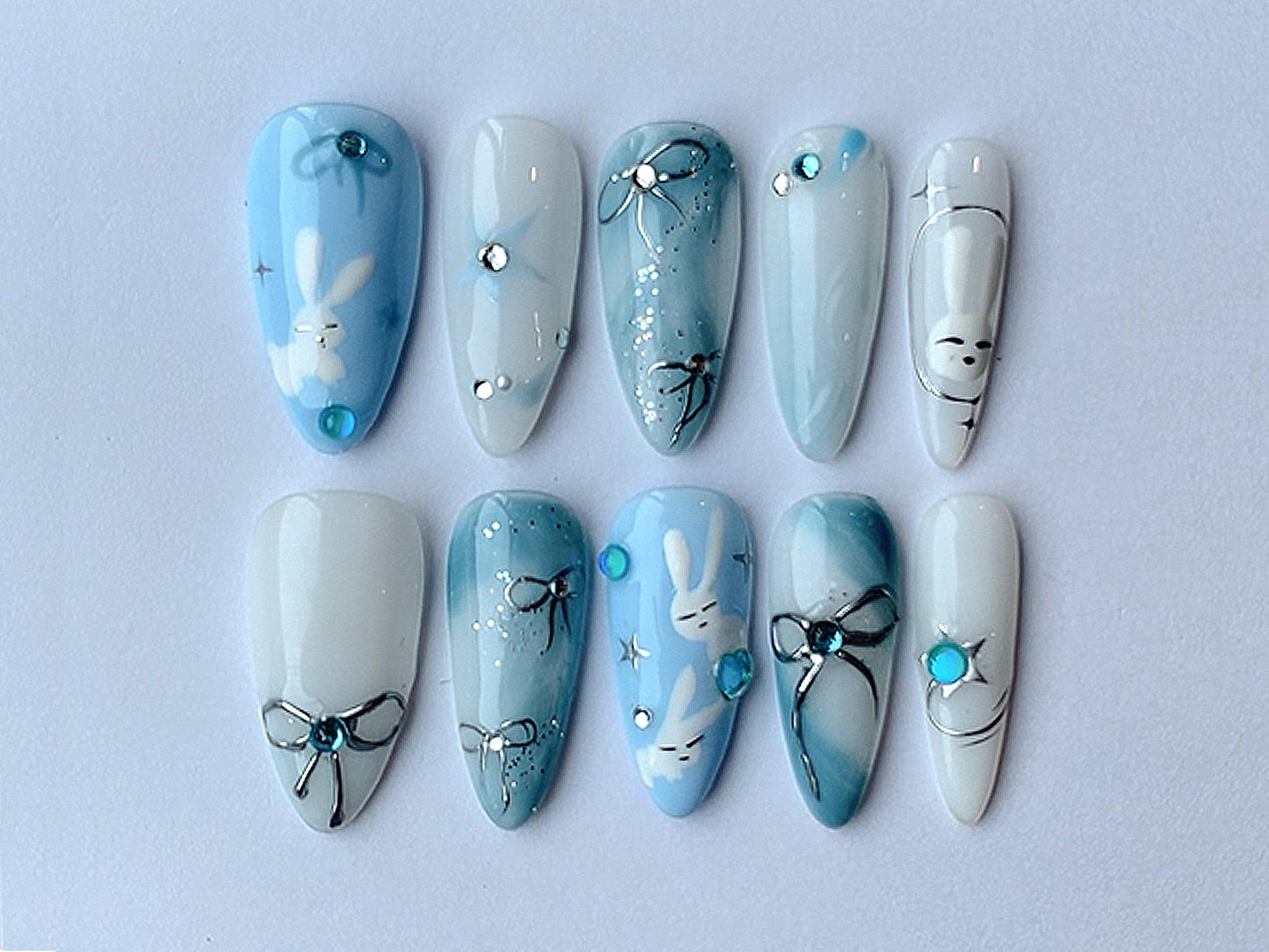 Cute Bunny Press On Nails | New Jeans Miffy Inspired Blue Nails | 3D Silver Bow Ribbon in Fake Nails | Abstract Nails | Cute Nails | J136