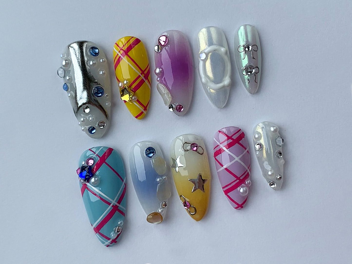 Cute Colorful Press On Nails Almond | Y2K-inspired Nail Set | Hot Summber Vibe Nail Art | Fake Nails | Holiday, Party, Beach Nails | J114