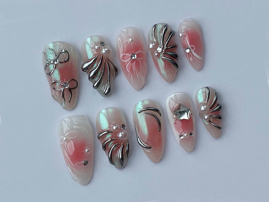 3D Y2K-inspired Press On Nails Almond | Air Brush Pink Nail Set | Handpainted 3D Raised Gel Nail Art | Trendy Fake Nails| Gift For Her | J74