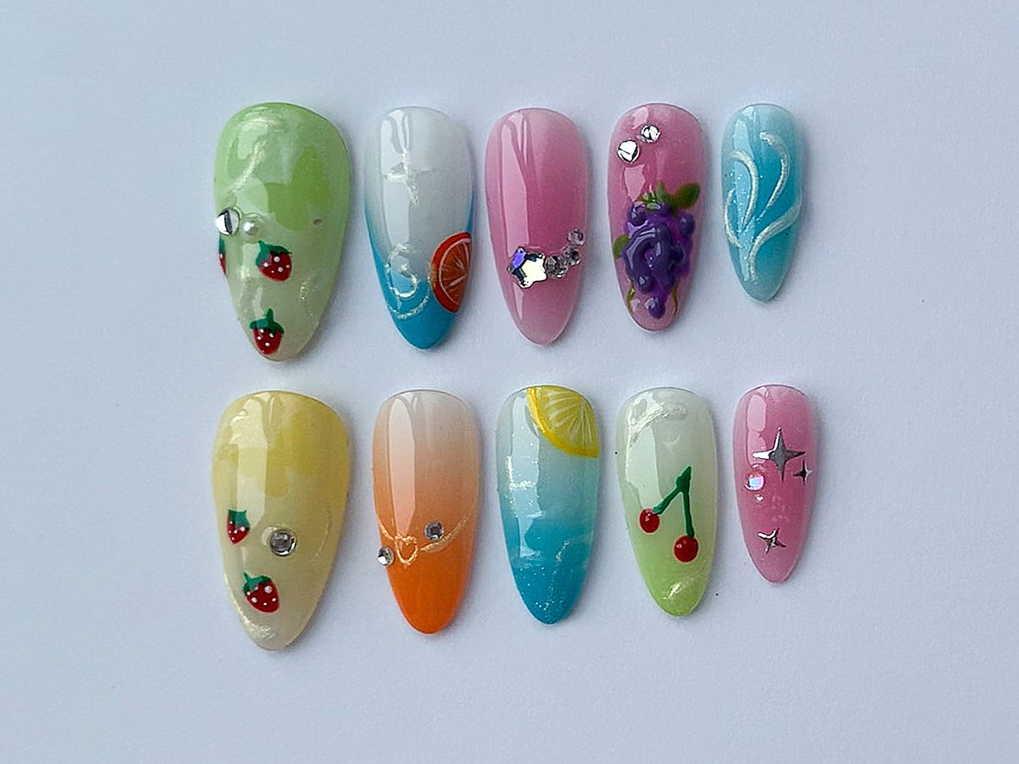 Tropical Forrest Fruit Press On Nails | Colorful Pastel Hanpainted Freestyle Nail Set | Trendy Nails | Fake Nails | Summer Vibe Nails | J80