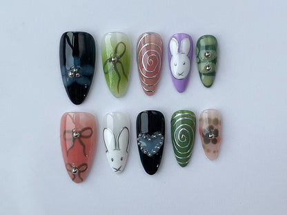 Colorful Bunny Miffy Press On Nails | Handpainted Colorful Nails | Handcrafted Cute Nails | Sweet Nail Set | Cute Nails | Fake Nails | J79