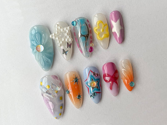 Dreamy Colorful Press On Nails Almond | Air Brush Pink Fake Nails| Active 3D Freestyle Trendy Nails | Acrylic Y2K Gel Nails| Cute Nails| J71