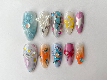 Dreamy Colorful Press On Nails Almond | Air Brush Pink Fake Nails| Active 3D Freestyle Trendy Nails | Acrylic Y2K Gel Nails| Cute Nails| J71