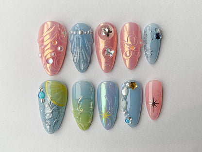 Fairy Tale Flower Press On Nails | 3D Fairycore Nails | Dreamy Nails | Air Brush Pink and Blue Nails | 3D Gel Nail in Fake Nails | J141