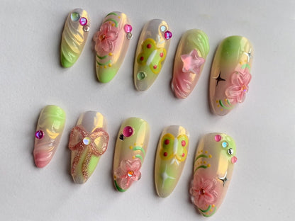 Cute 3D Flower & Butterfly Nails | Medium Almond Press On Nails | Handmade Gel False Nails for Birthday Event Party Holiday Vacation | J142