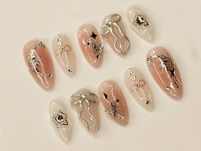 Sliver Butterflies Press On Nails | Pink Nail Art with Sliver Bows | Cute Nails | Almond Press On Nails | J147