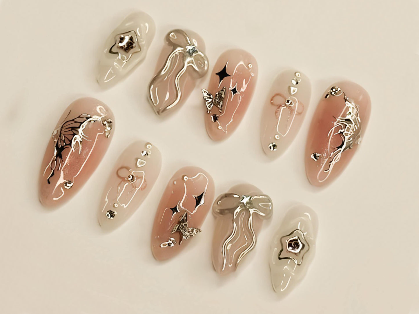 Sliver Butterflies Press On Nails | Pink Nail Art with Sliver Bows | Cute Nails | Almond Press On Nails | J147