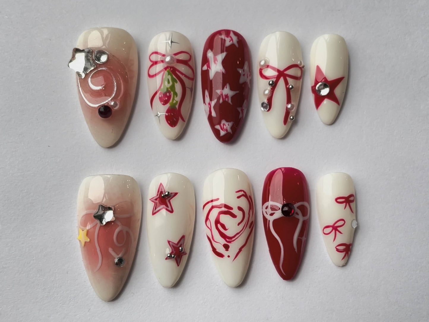 Y2k-Inspired Press On Nails | Y2k Nail Set with Elegant Motifs | Red and White with Unique Chrome Designs | Gift For Her | J149
