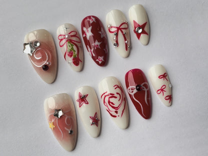 Y2k-Inspired Press On Nails | Y2k Nail Set with Elegant Motifs | Red and White with Unique Chrome Designs | Gift For Her | J149