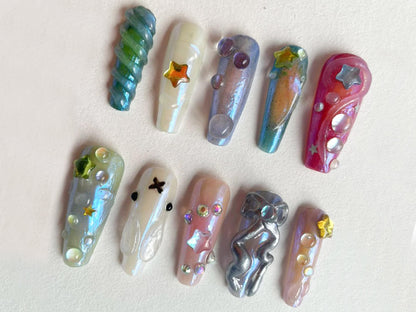 Freestyle 3D Gel Nails: Trendy Press On Nails with Unique Designs | Gel X Nails | Handcrafted Press On Nails| Coffin Nails | J150