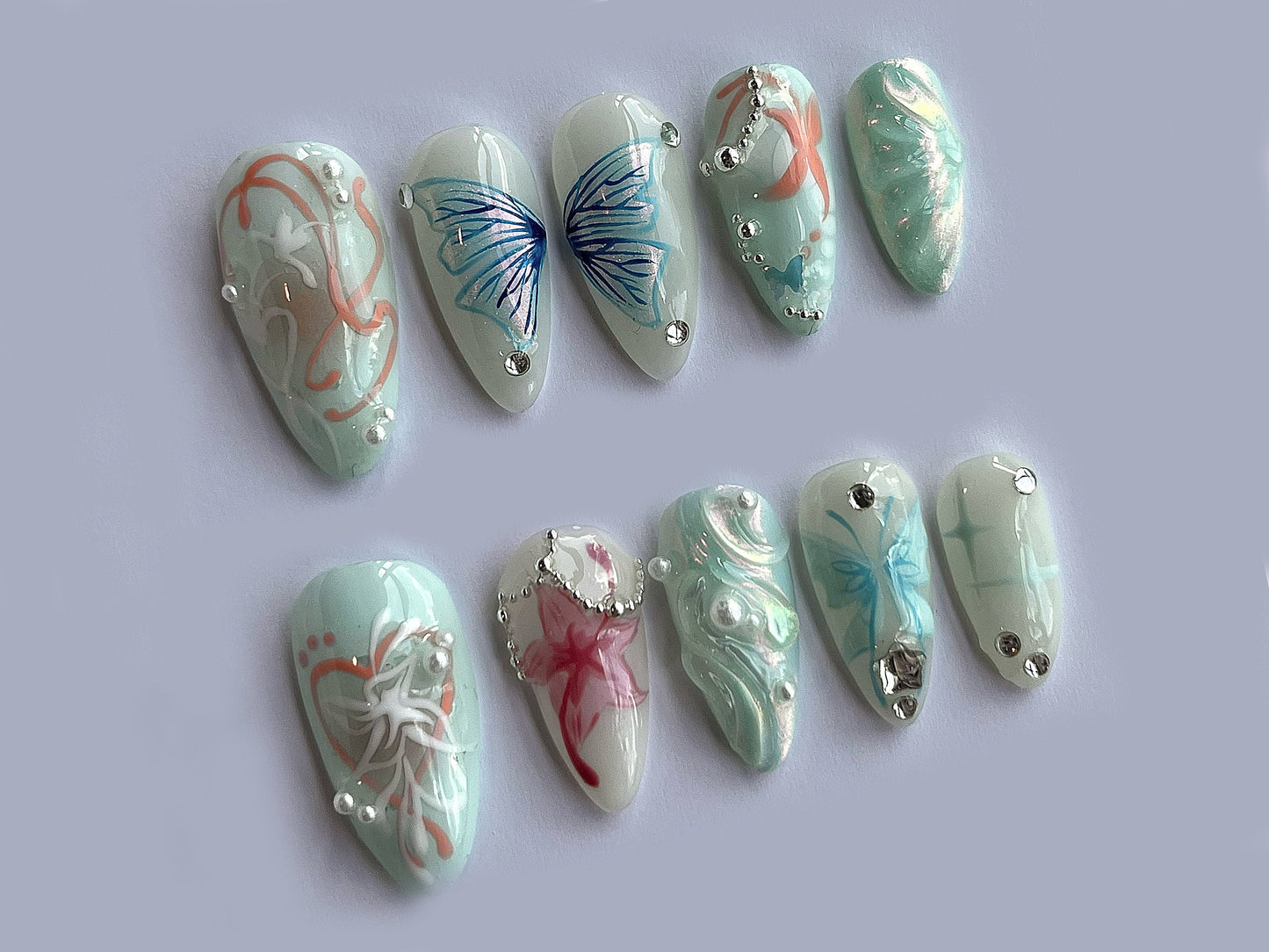 Animation Butterfly Press On Nails | Secret Garden with Flower, Butterfly Nail Art | 3D Handpainted Fairycore, Fairy Tale Nail Set | J151
