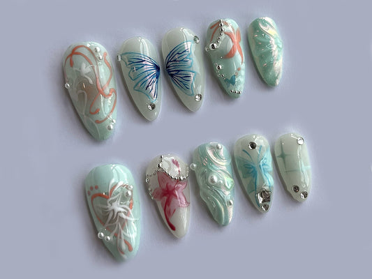 Animation Butterfly Press On Nails | Secret Garden with Flower, Butterfly Nail Art | 3D Handpainted Fairycore, Fairy Tale Nail Set | J151
