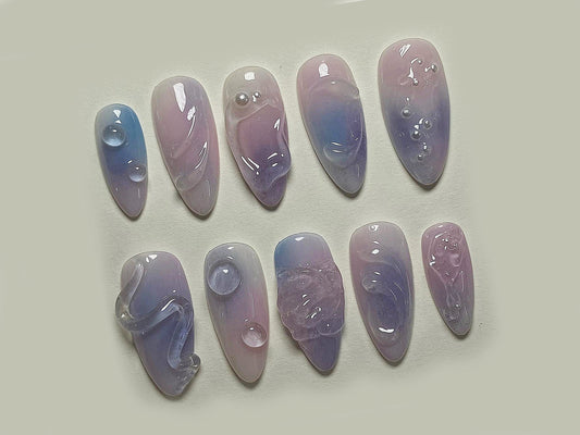 Air Brush Pink Press On Nails | Pink and Blue Ombre Press-Ons | Dreamy Galaxy 3D Raised Gel Nail Set| Acrylic Nails | Fake/False Nails| J155