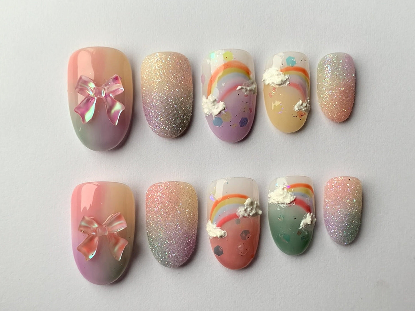 Dreamy Sky Press On Nails | Rainbow Sky Design with Bow Charms | Colorful Press On Nails Almond | Air Brush Pink Fake Nails | Gifts | J156