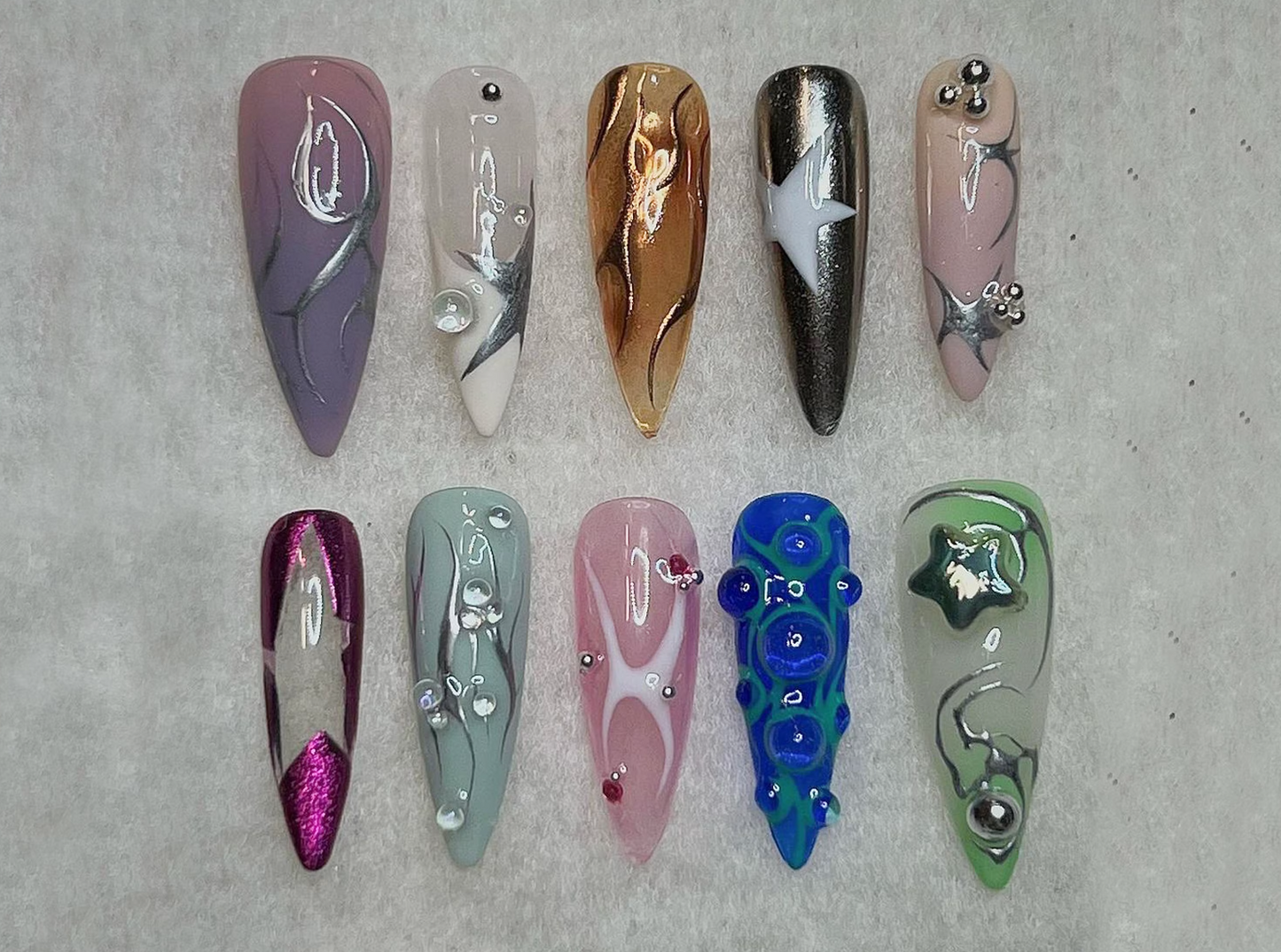 Y2K Nails | Stand Out with Mirror Finish and Vibrant Colors | 3D Gel Press On Nails | Press On Nails Long Stiletto | J171L