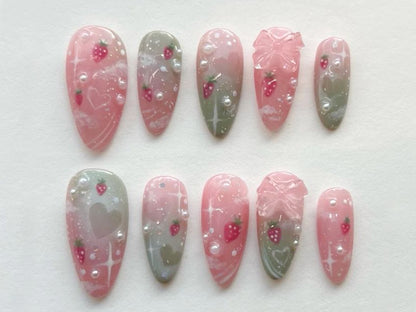 Dreamy Strawberry Garden Press On Nails | Stand Out with 3D Gel Nail Set | Dreamy Garden on Your Fingertips | J188