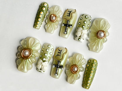 Handcrafted Green Press On Nails | Chic Spring Garden - with Floral Embellishments | Perfect for Special Occasions | J201