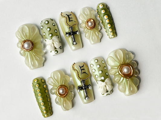 Handcrafted Green Press On Nails | Chic Spring Garden - with Floral Embellishments | Perfect for Special Occasions | J201