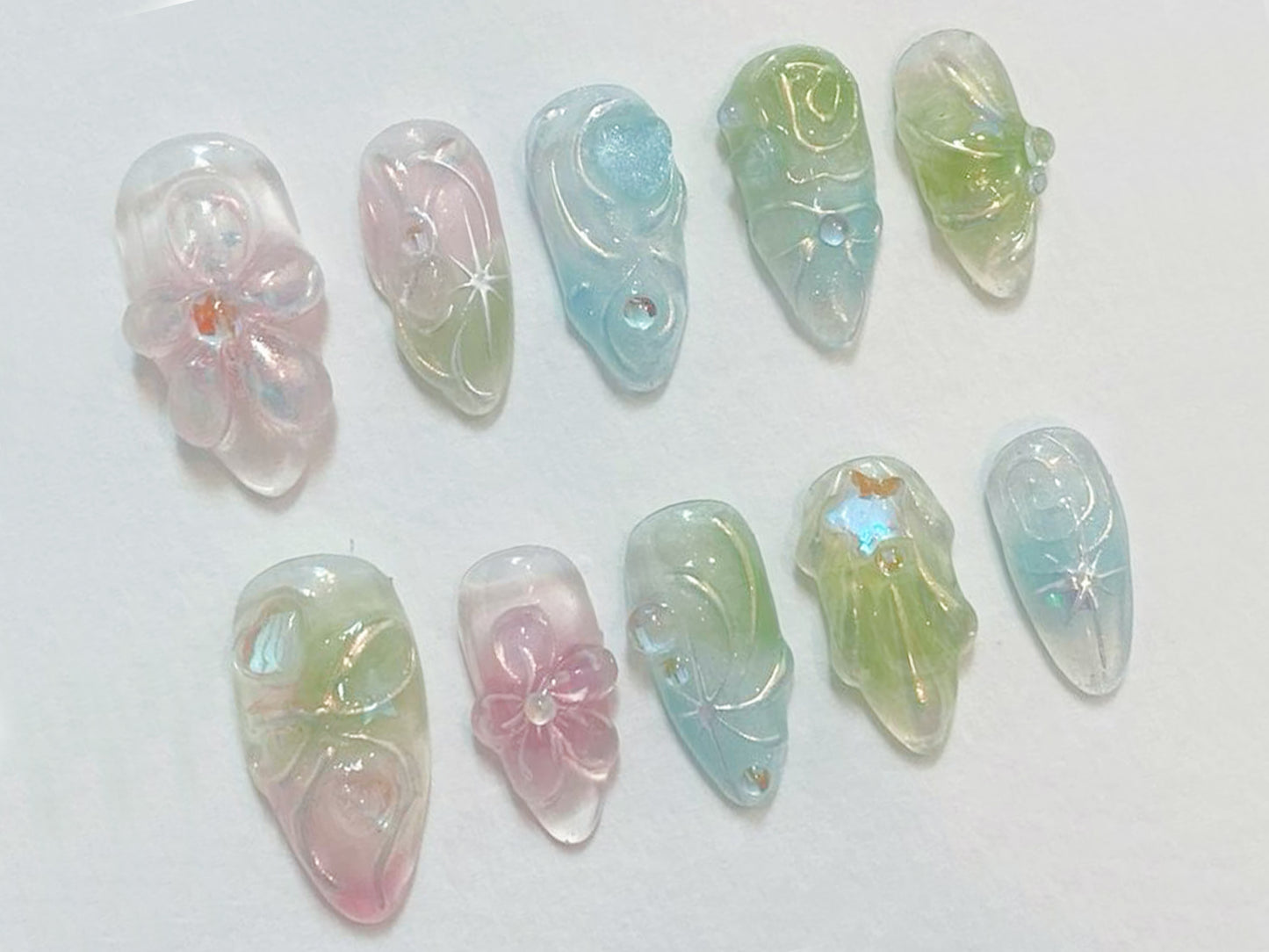 Pastel Press On Nails with Gemstone Accents | Vibrant Floral Nail Set | Fashionable Patterned Fake Nail Set | J227