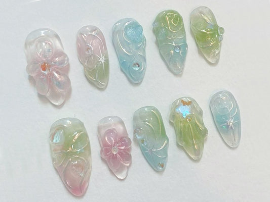 Pastel Press On Nails with Gemstone Accents | Vibrant Floral Nail Set | Fashionable Patterned Fake Nail Set | J227