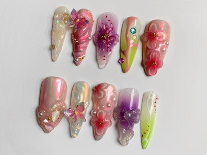 Secret Garden Press On Nails | Long Almond Flowers Nails | Butterfly Charms | Fairy Tale Inspired Fake Nails | Holiday Nails Art | J252