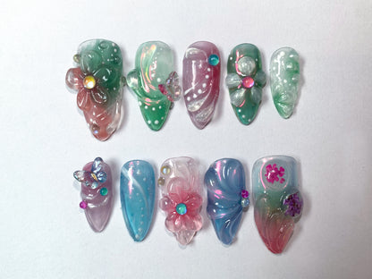 3D Dry Orchard Flower Press On Nail | Almond Nails | Custom Handpainted Acrylic Spring Fake/False Nail, Floral Nails | Dreamy Nails | J254