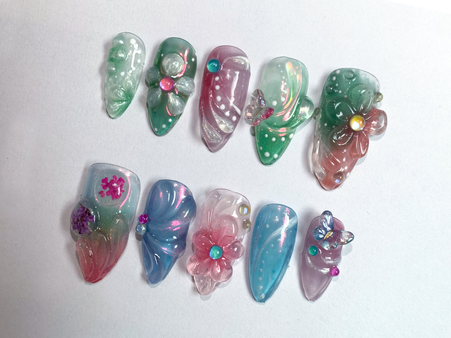 3D Dry Orchard Flower Press On Nail | Almond Nails | Custom Handpainted Acrylic Spring Fake/False Nail, Floral Nails | Dreamy Nails | J254