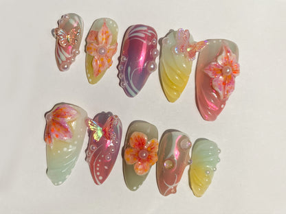 Dreamy Flowers Press On Nails Almond | Pastel Orchid Nail Art | 3D FairyCore Flower Press Ons | Romantic Nail Art in Fake Nails | J255