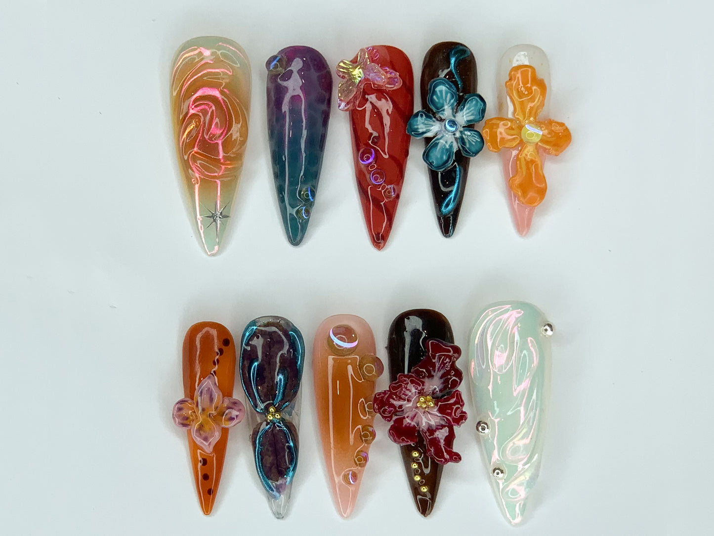 3D Flower Long Stiletto Handmade Press On Nails | Spring Floral Garden Theme | Prom Nails | Butterfly Charm | Gift For Her | J256