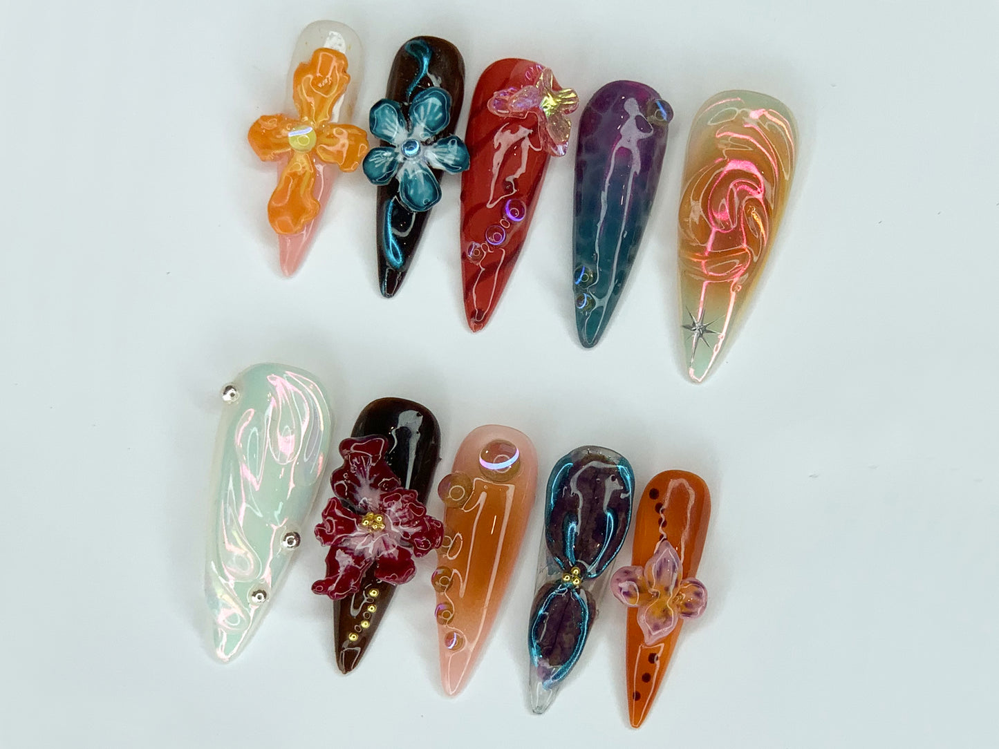 3D Flower Long Stiletto Handmade Press On Nails | Spring Floral Garden Theme | Prom Nails | Butterfly Charm | Gift For Her | J256
