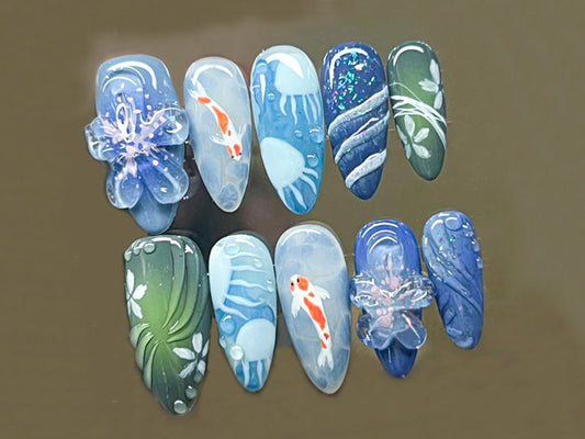 Ocean-Inspired Press On Nails with 3D Oceanic | y2k nails | Ocean Nails | Fake Nails | Y2k - Inspired Nail Art | Gift for her| J282